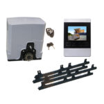 Automatic sliding gate motor kit with control unit, remote control, keys, video intercom display, and rack gears in Prestons, New South Wales, Australia"