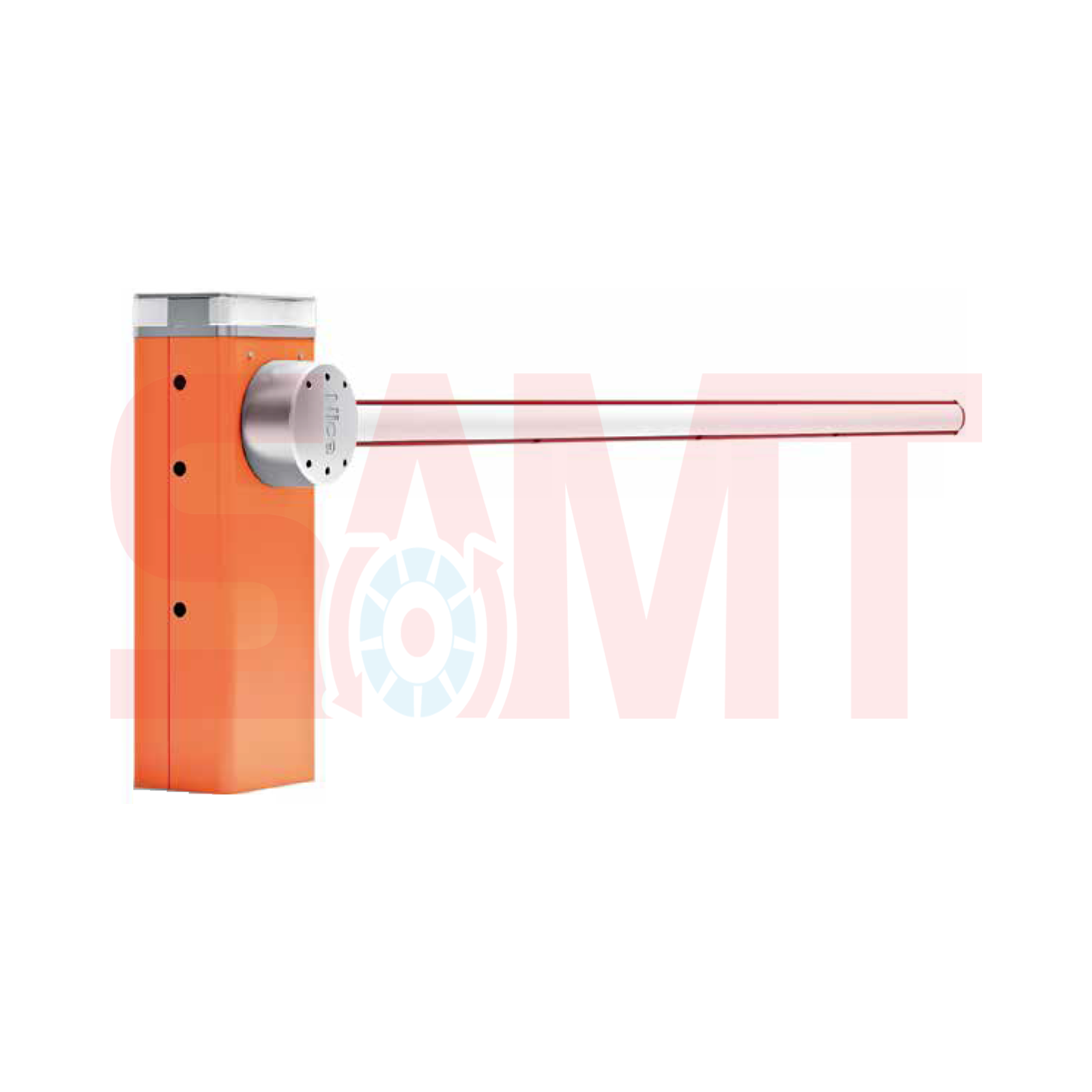 Orange automatic boom gate barrier for vehicle access, featured by SAMT Garage & Gate Automation in Australia.