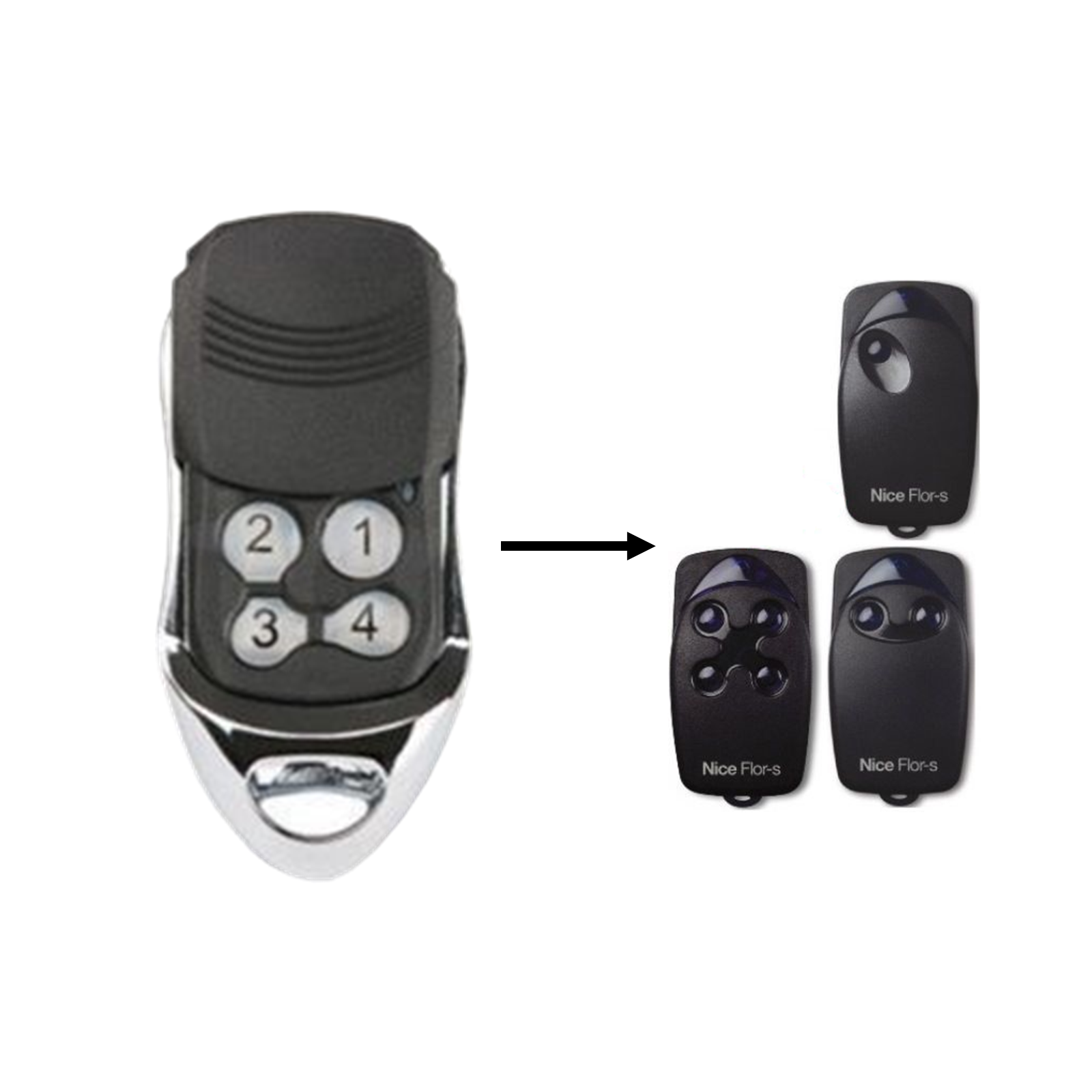 Four-button universal remote control with compatible Nice Flor-s remotes, compatible garage door remotes Australia, SAMT, Prestons, New South Wales.