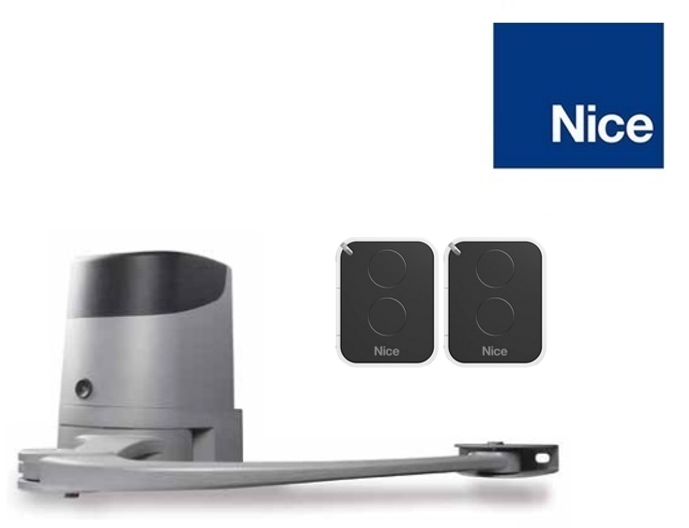 NICE articulated swing gate motor system with two remote controls, ideal for automatic gate opener solutions in Australia.