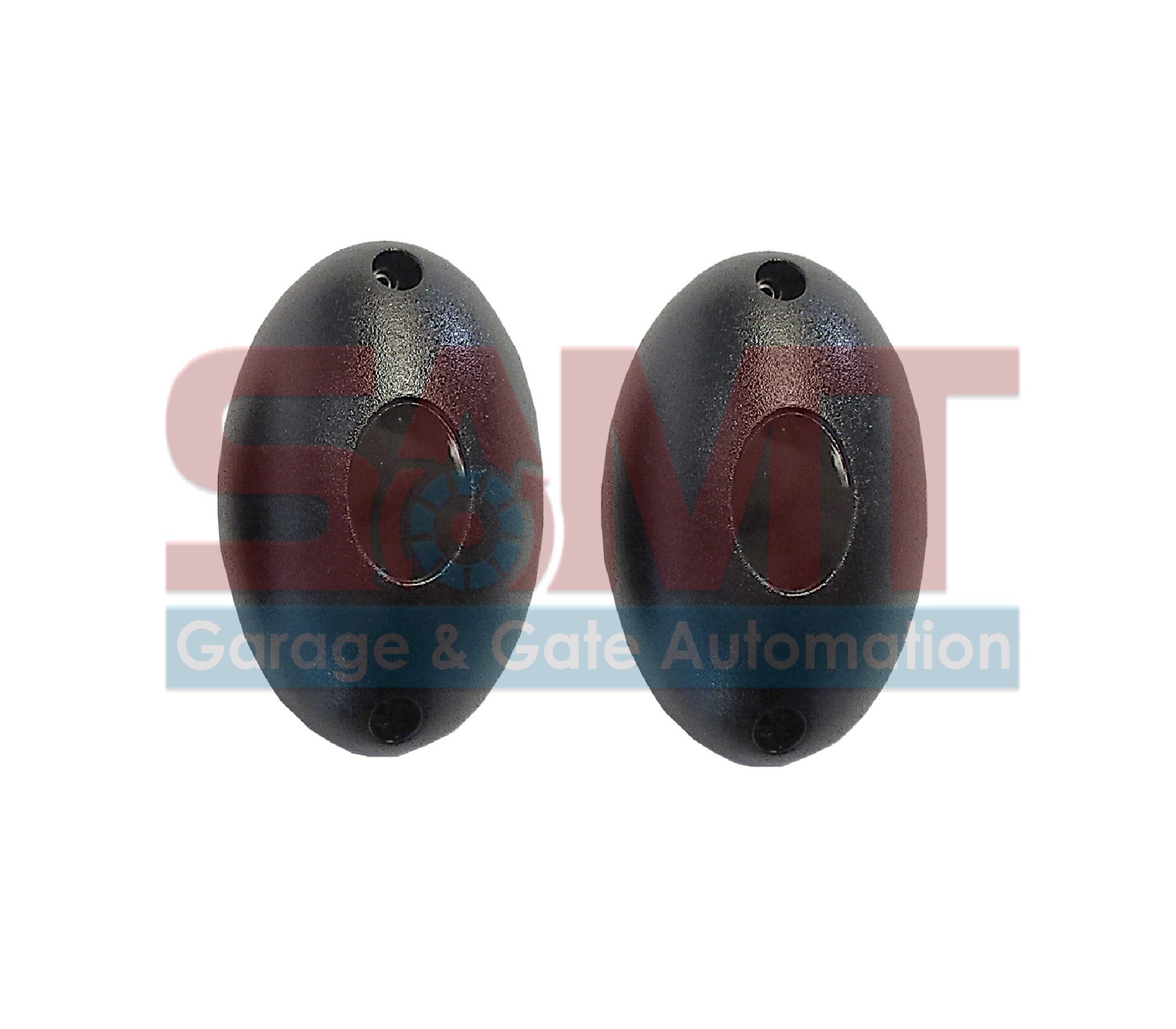 Pair of Black oval infrared safety sensor for automatic garage doors by SAMT Garage & Gate Automation, Prestons, New South Wales, Australia.