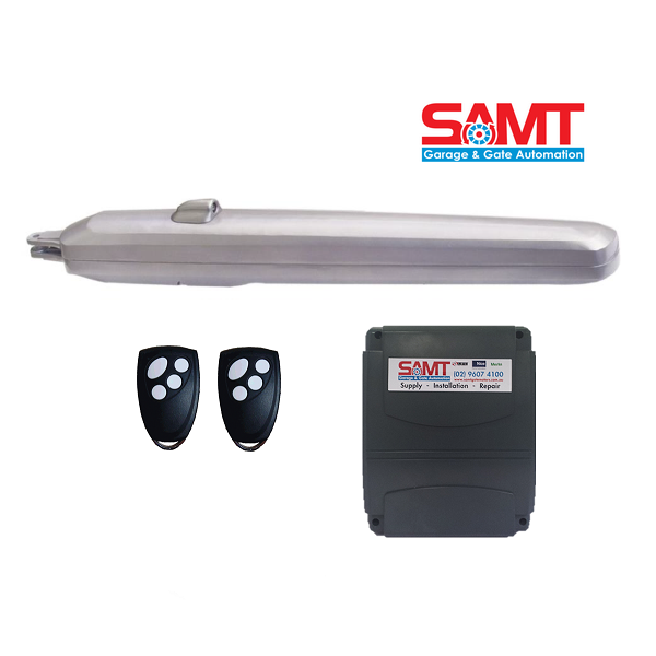 SAMT swing gate motor kit with two remote controls and control box for automatic gate opener installations in Prestons, New South Wales, Australia.