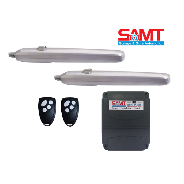 Motorized swing gate kit by SAMT Garage & Gate Automation, featuring two gate arms and remote controls for homes in Prestons, Australia.