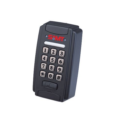 Black outdoor keypad access control with SAMT logo, angled view, in Prestons, New South Wales, Australia.