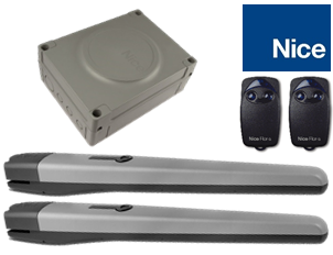 Nice dual motorized swing gate opener kit with control box and remotes, for automatic gate motor installation by SAMT Garage & Gate Automation in Prestons, Australia.