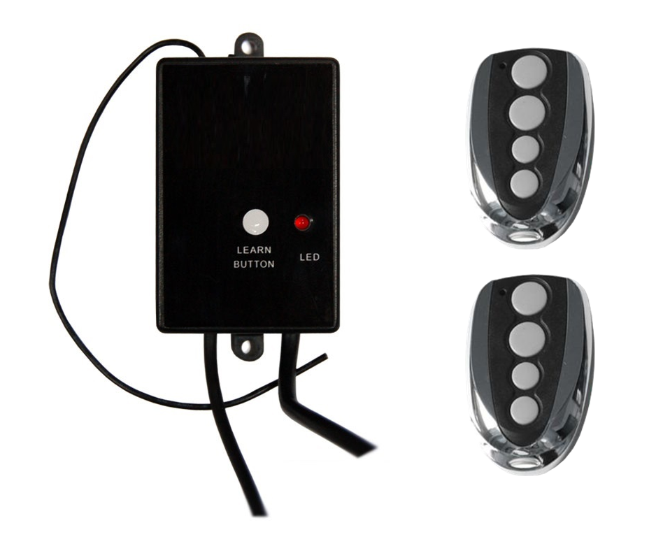 Black universal receiver kit with two four-button remotes for garage door opener, smart garage door opener by SAMT, Prestons, New South Wales.