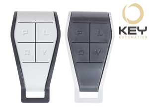 Pair of KEY Automation garage door remote controls in white and black by SAMT, compatible garage door remotes Australia.