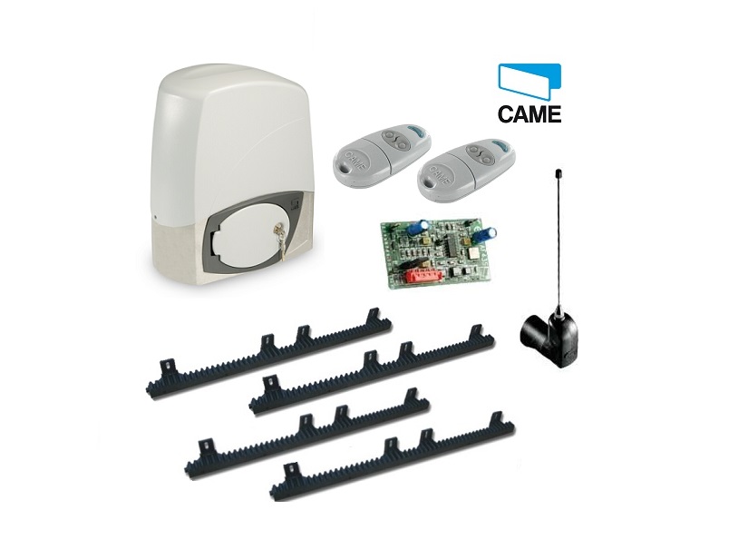 CAME sliding gate motor kit with rack, remote controls, and receiver, suitable for automatic gate motor installations in Australia.