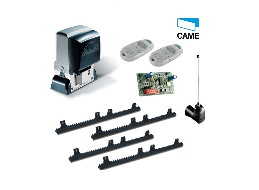 CAME sliding gate motor kit with rack, remotes, receiver, and control board for automatic gate motor installation in Prestons, New South Wales, Australia.