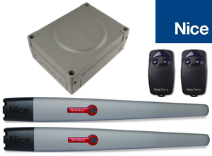 Nice dual motorized swing gate opener kit with control box and remotes, for automatic gate motor installation by SAMT Garage & Gate Automation in Prestons, Australia.