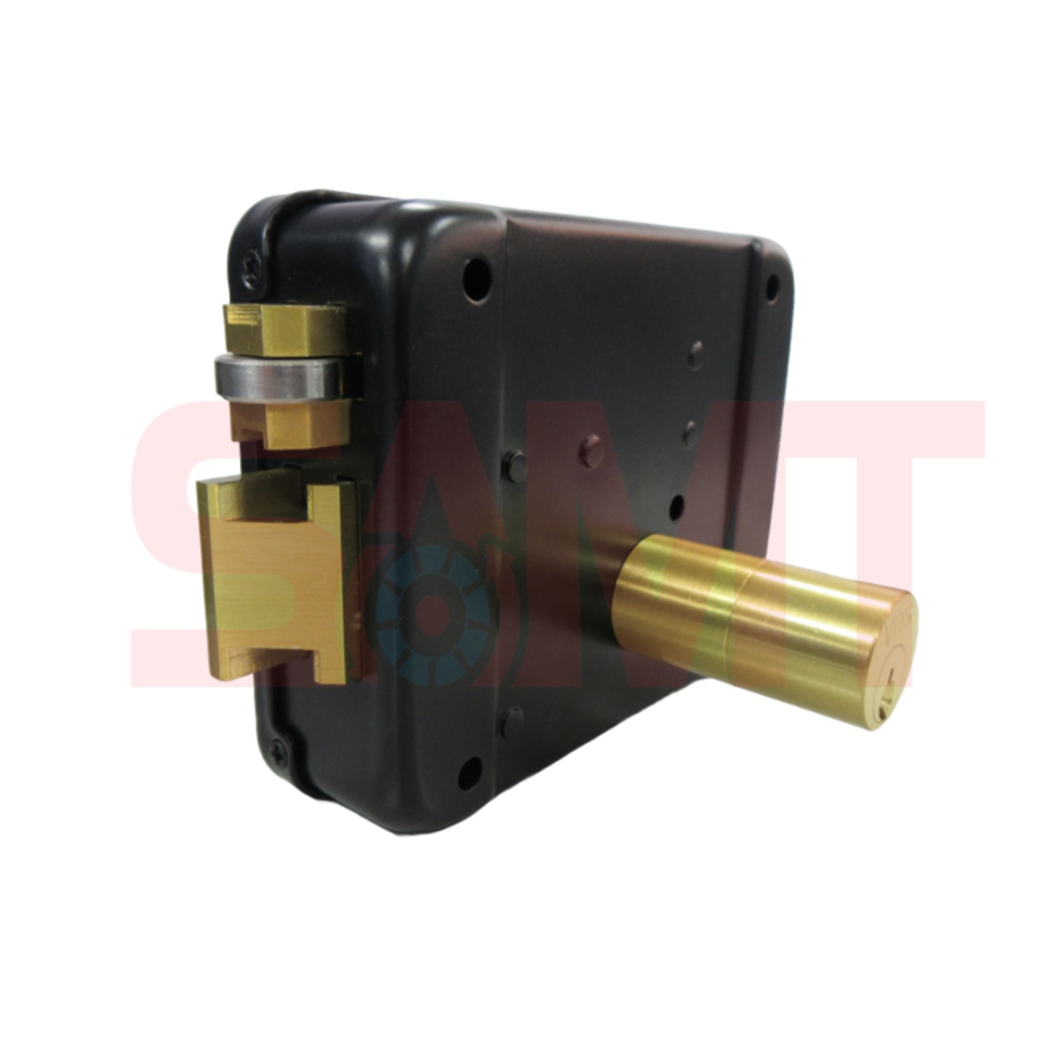 Rim lock mechanism for swing gates or external garage doors, featuring a robust black housing with a brass cylinder and latch components, supplied by SAMT Garage & Gate Automation in Prestons, New South Wales, Australia.