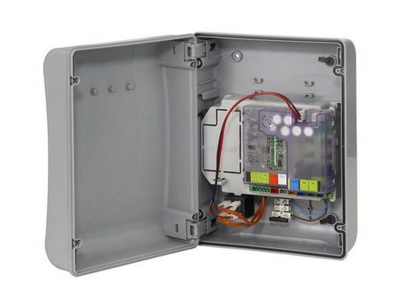Weatherproof control box with installed circuit board for automatic gate opener systems, SAMT Garage & Gate Automation, Australia.