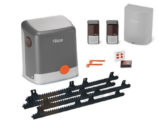 Nice sliding gate motor kit with photocell sensors, racks, and remotes for automatic gate systems, SAMT Garage & Gate Automation, Prestons, New South Wales, Australia.