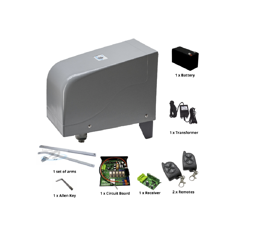 Solar-powered automatic swing gate kit with accessories and remotes, SAMT Garage & Gate Automation, Prestons, New South Wales, Australia.