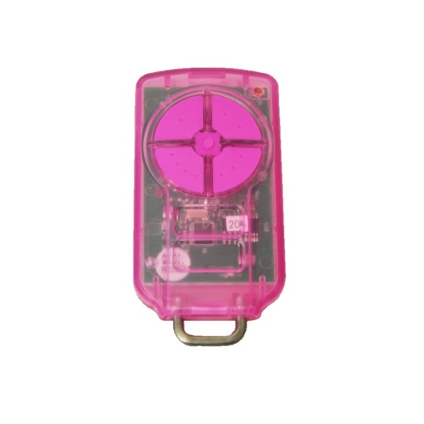 Pink universal garage door remote control key fob displayed by SAMT in Prestons, New South Wales, Australia.