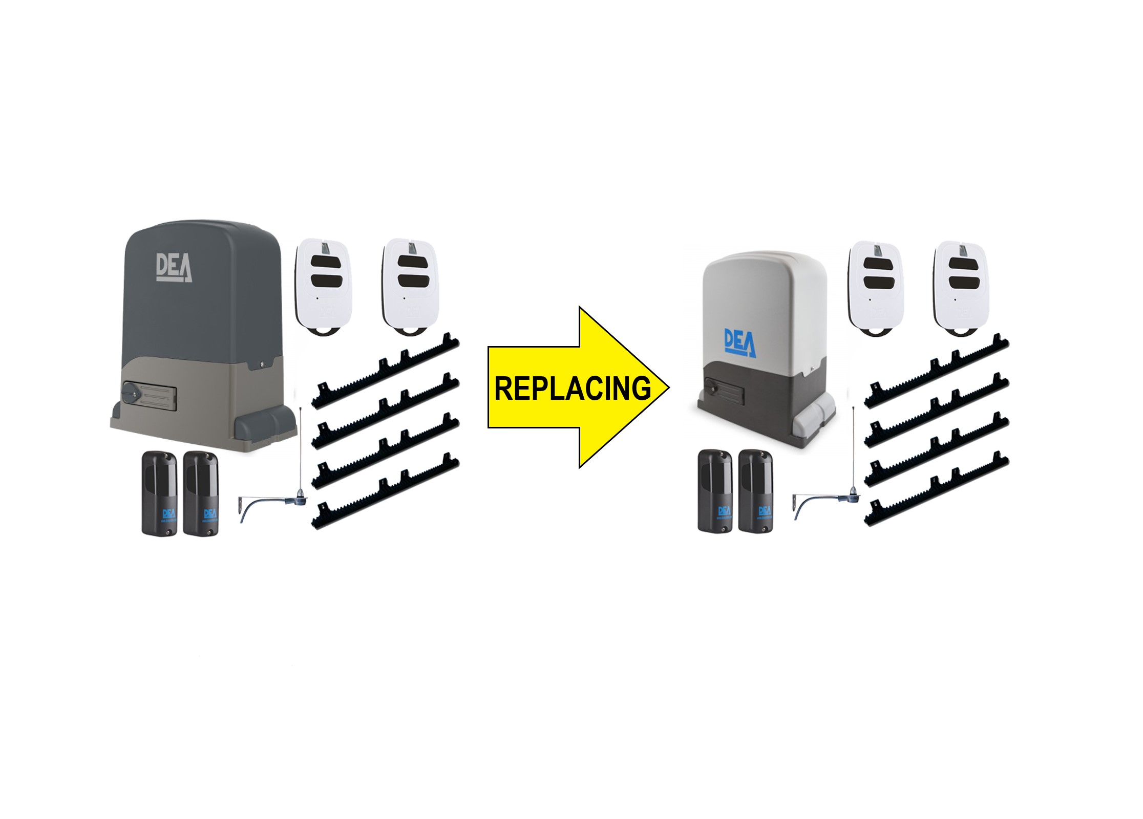 DEA sliding gate opener kit with two remotes, four gear racks, photocell sensors, and wiring on the left, being replaced with a new DEA kit with matching accessories on the right, in Prestons, New South Wales, Australia"