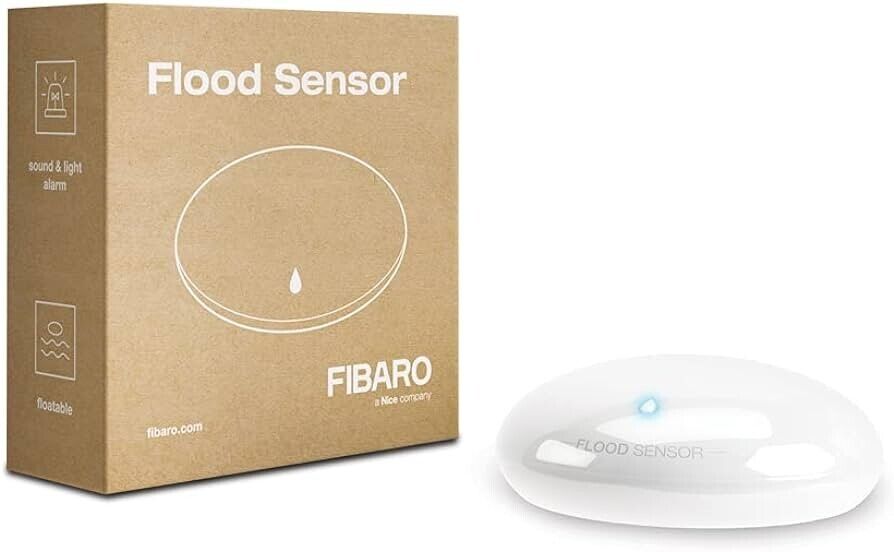 Fibaro flood sensor for smart home water leak detection, with box, SAMT Garage & Gate Automation, Prestons, New South Wales, Australia.
