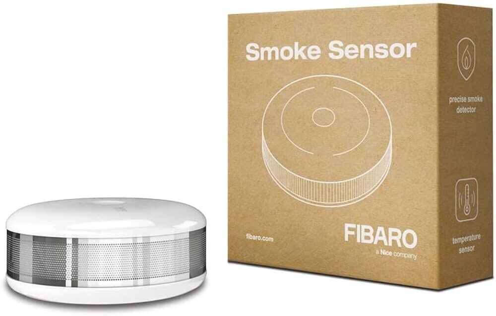 Fibaro smoke detector sensor and packaging for smart home fire safety by SAMT Garage & Gate Automation, Prestons, New South Wales, Australia.