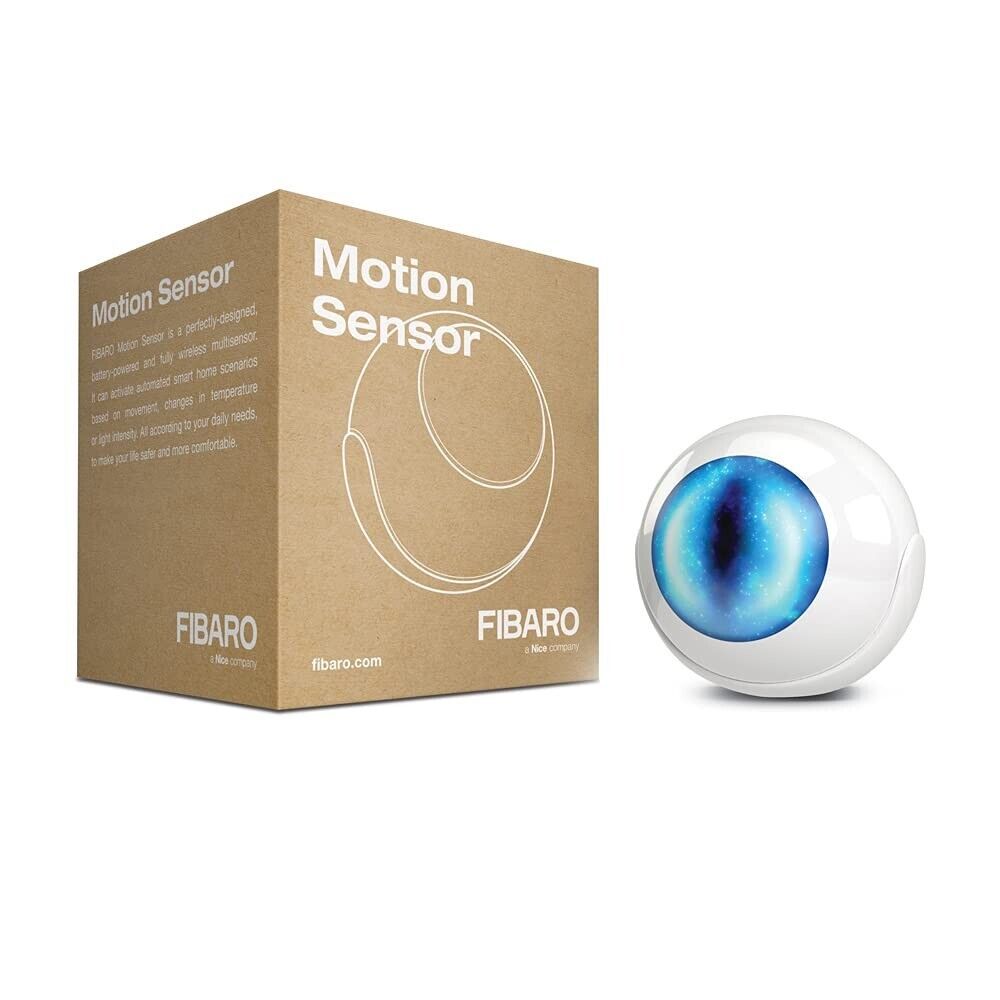 Fibaro motion sensor with packaging for smart garage and security systems from SAMT, Prestons, New South Wales, Australia.