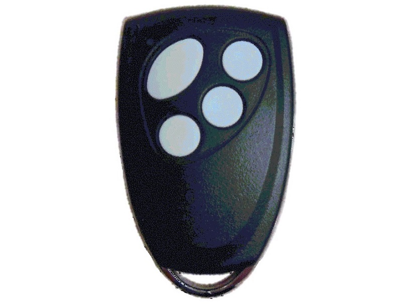 Four-button black garage door remote control for automatic door opener systems in New South Wales, Australia.