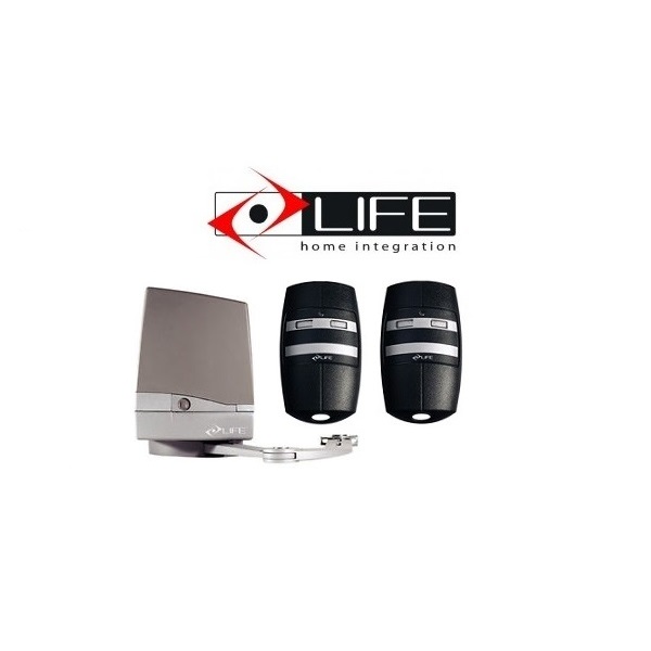 LIFE home integration swing gate motor with articulated arm and two remote controls, available from SAMT Garage & Gate Automation in Australia.