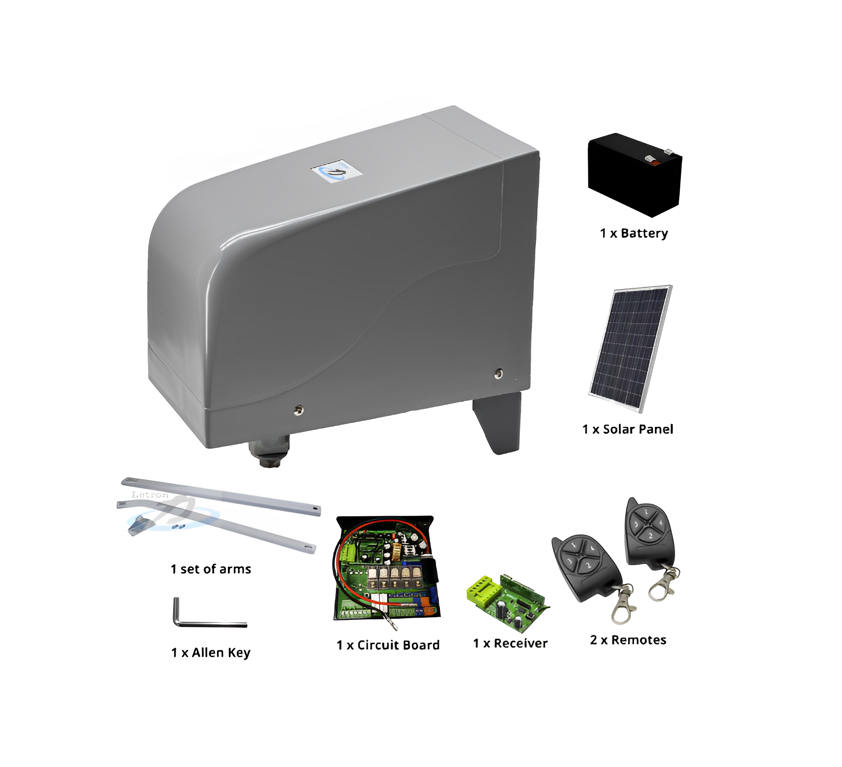 Solar-powered automatic swing gate opener kit with remotes and accessories by SAMT Garage & Gate Automation, Prestons, Australia.