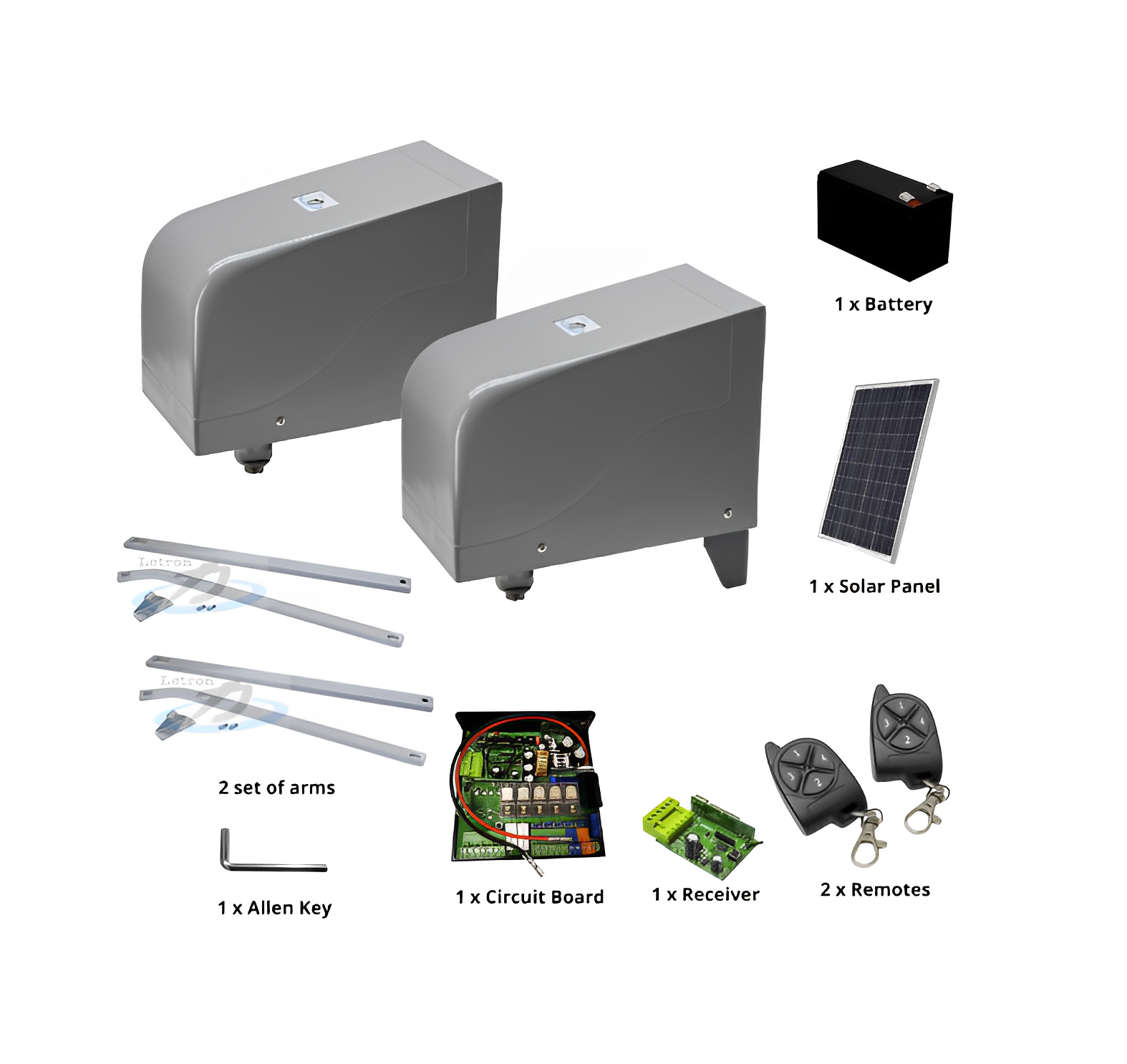 Dual motorized swing gate kit including solar panel, receiver, and remotes in New South Wales, Australia by SAMT.