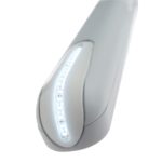 Close-up of white articulated arm automatic gate opener with integrated LED light indicators in Prestons, New South Wales, Australia.