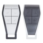 Pair of four-button visor remote controls in black and white color options, designed for gate or garage automation, shown in Prestons, New South Wales, Australia