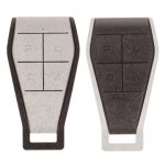 Pair of four-button visor remote controls in beige and brown color options, used for gate automation, displayed in Prestons, New South Wales, Australia.