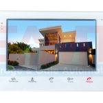 Front view of a white video intercom monitor displaying a modern house, with labeled buttons for call transfer, monitoring, talking, unlocking, and hang up, installed in Prestons, New South Wales, Australia