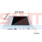 Angle view of a white video intercom monitor showing physical dimensions of 21.5 cm by 14.5 cm by 2.2 cm, photographed in Prestons, New South Wales, Australia