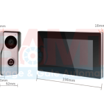 Product dimension diagram of a video door intercom system, specifying measurements for the doorbell camera and indoor monitor, shown in Prestons, New South Wales, Australia