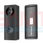 Front and rear view of a compact black video doorbell camera with circular lens and bell icon button, designed for use in Prestons, New South Wales, Australia