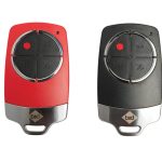 Pair of B&D four-button remote controls in red and black, designed for garage or gate automation, displayed in Prestons, New South Wales, Australia