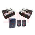 Centsys automated gate opener kit with two grey linear actuators, control unit inside a white enclosure, and two colorful remote controls in Prestons, New South Wales, Australia