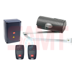 BFT gate automation kit including underground motor, curved actuator arm, control box, and two BFT remote controls, in Prestons, New South Wales, Australia