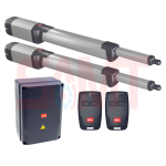 BFT gate automation system showing two linear actuators, black control panel, and two BFT remote controls, in Prestons, New South Wales, Australia