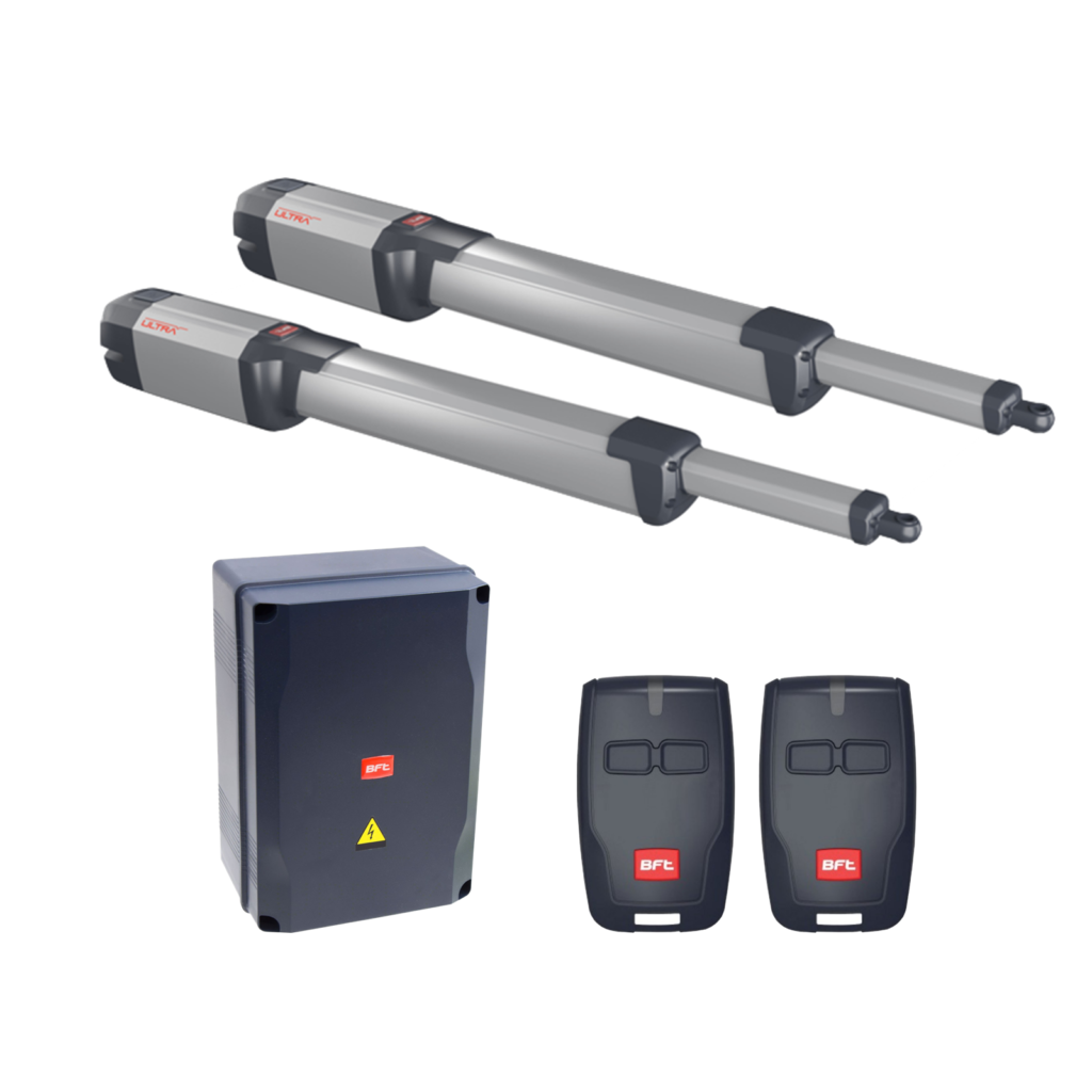 BFT underground swing gate motor kit including motor unit, control box, and two remote controls for automated gates in Prestons, New South Wales, Australia