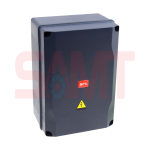 BFT black outdoor electrical control box for gate automation with red BFT logo and yellow warning symbol, in Prestons, New South Wales, Australia