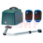 BFT articulated arm swing gate motor with green cover and mounting arm, paired with two remote controls, suitable for use in Prestons, New South Wales, Australia