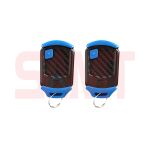 Pair of black and blue remote controls with carbon fiber pattern and key rings for automated gates in Prestons, New South Wales, Australia