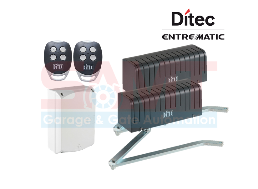 Ditec Entrematic gate automation kit including two dark gray motor units, control box, and two black remote controls with four buttons in Prestons, New South Wales, Australia