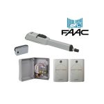 FAAC articulated arm automatic gate opener kit with motor, control box, and two remote transmitters for gate automation in Prestons, New South Wales, Australia