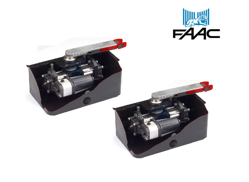 Pair of FAAC underground gate motor actuators with articulated arms for gate automation in Prestons, New South Wales, Australia.