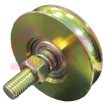 Gold zinc-coated gate roller pulley with bearing and bolt, SAMT Garage & Gate Automation, Australia, Prestons.