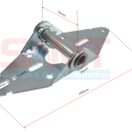 Metal garage door hinge bracket with roller shaft, including dimensional measurements, featured in Prestons, New South Wales, Australia.