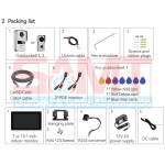 Packing list showing components included with a smart video intercom kit, such as cameras, monitor, power supply, cables, mounting hardware, and RFID cards, supplied in Prestons, New South Wales, Australia