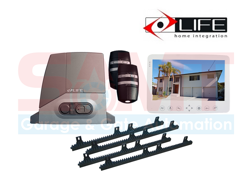 LIFE home integration gate automation system kit showing a sliding gate motor, safety beams, rack gears, remote controls, and video intercom display, presented in Prestons, New South Wales, Australia.