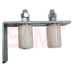 Side view of a metal angle bracket fitted with two white nylon rollers and bolts, used in Prestons, New South Wales, Australia.